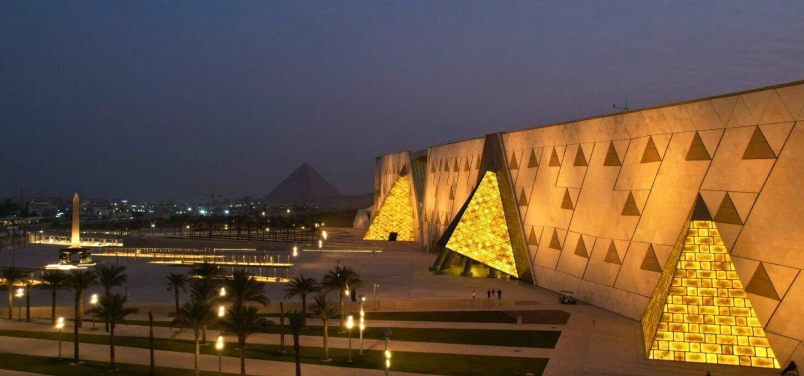 A view of the Grand Egyptian Museum at night