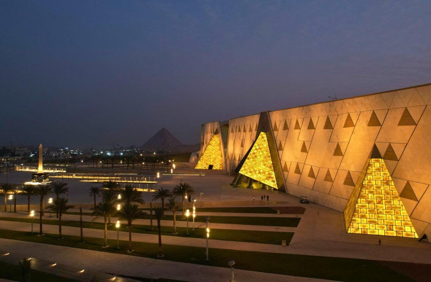 A view of the Grand Egyptian Museum at night