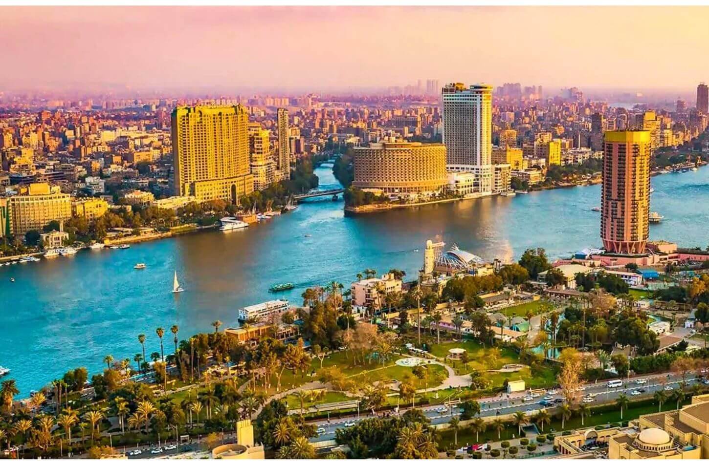 Cairos vibrant skyline at sunset embracing the majestic Nile